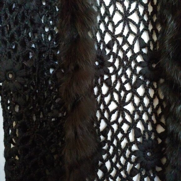 Ruby Cho Black Floral Knitted Faux Fur Sweater Sequin Open Front Romantic XL - Picture 13 of 16